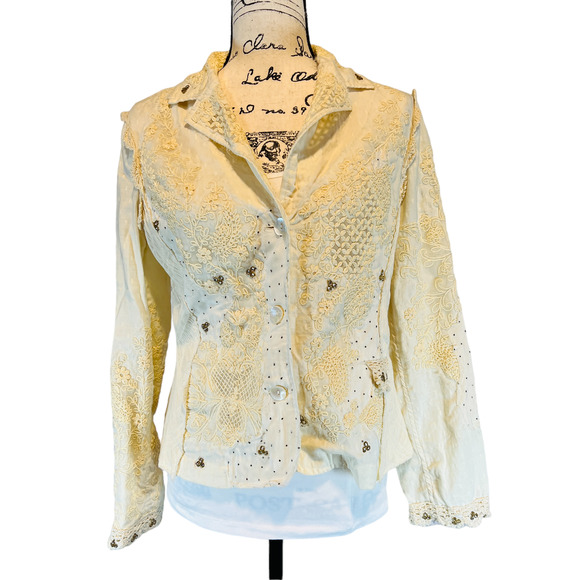 NWT Label Ritu Kumar Embroidered Floral Rhinestone Blazer Jacket White Size 2 - Picture 4 of 14